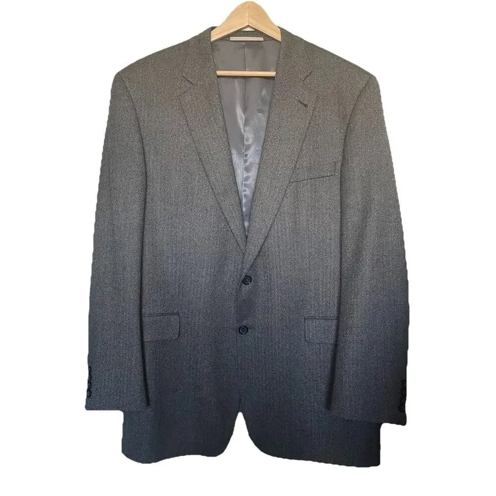 Burberry London Blazer Mens 46 Long Grey Herringbone 100% Wool Kensington Jacket